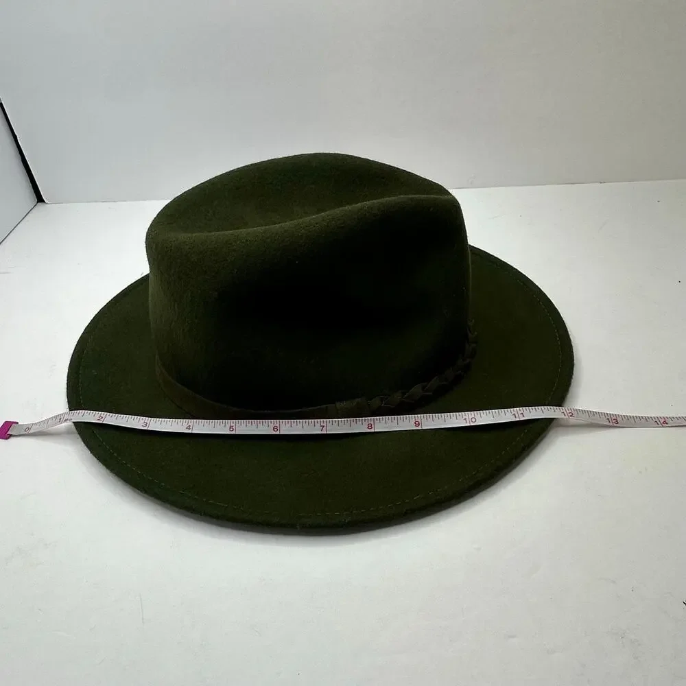 Olive Green Wool Wide Brim Fedora Hat Braided Suede Band One Size